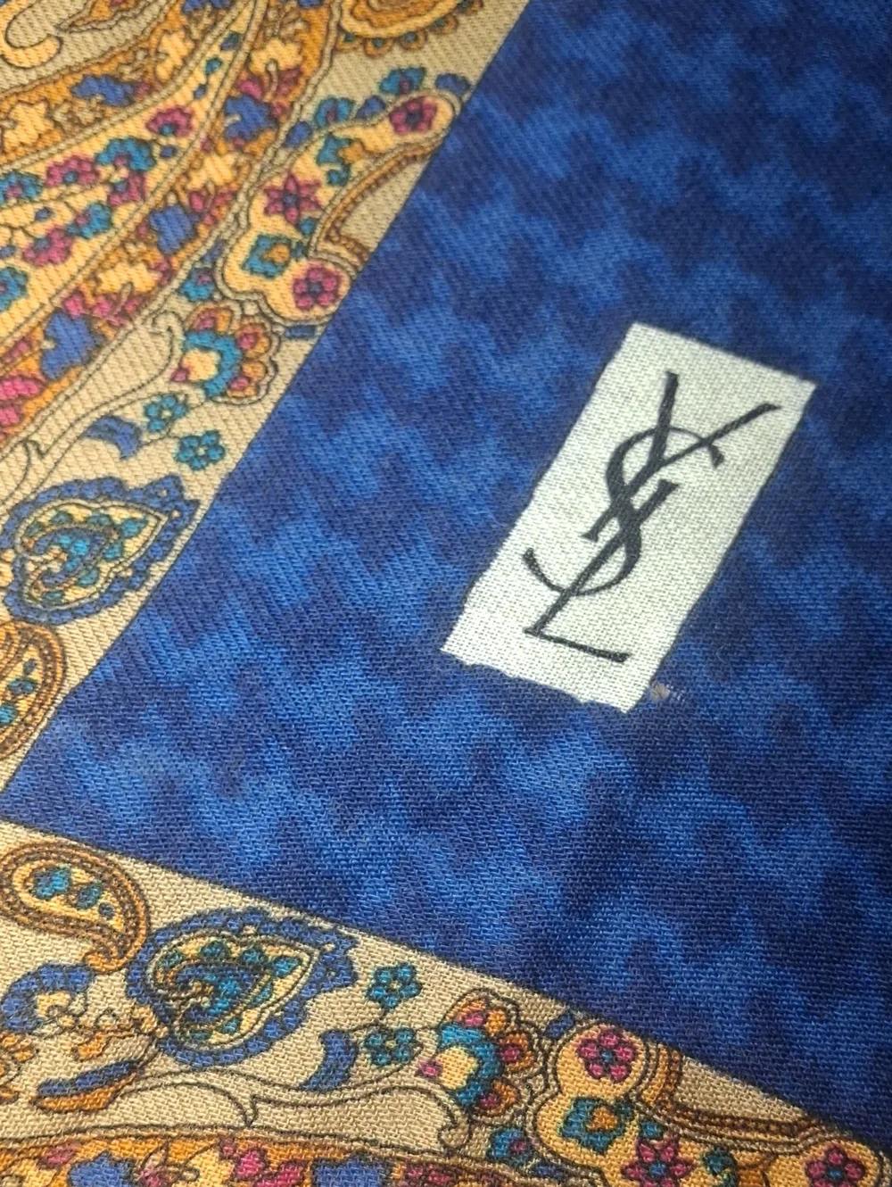 Yves Saint Laurent Blue and Yellow Paisley Silk Scarf